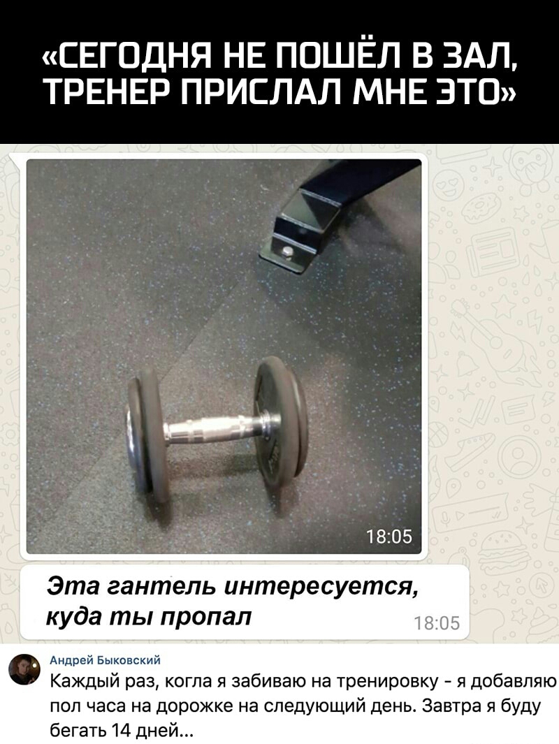 СЕГОДНЯ НЕ пошёл в ЗАЛ ТРЕНЕР прислдл МНЕ эта Эта гантель интересуется куда ты пропал 1805 Андрей Быковский Каждый раз когла я забиваю на тренировку я добавляю пол часа на дорожке на следующий день Завтра я буду бегать 14 дней