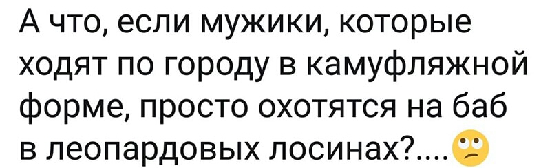 А что если мужики которые ходят по городу в камуфляжной форме просто охотятся на баб в леопардовых лосинах