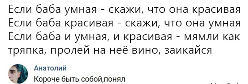 Если баба умная скажи что она красивая Если баба красивая скажи что она умная Если баба и умная и красивая мямли как тряпка пролей на неё вино заикайся Анатолий ч Короче быть собойлонял