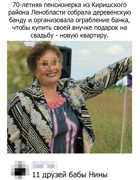 70 летняя пенсионерка из Киришского района Ленобласти собрала деревенскую банду и организовала ограбление банка чтобы купить своей внучке подарок на свадьбу новую квартиру 11 друзей бабы Нины