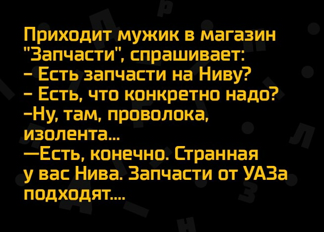 Приходит мужик в магазин Запчасти спрашивает Есть запчасти на Ниву Есть что конкретно нада Ну там проволока изолента Есть конечно Странная у вас Нива Запчасти от УАЗа подхцдят