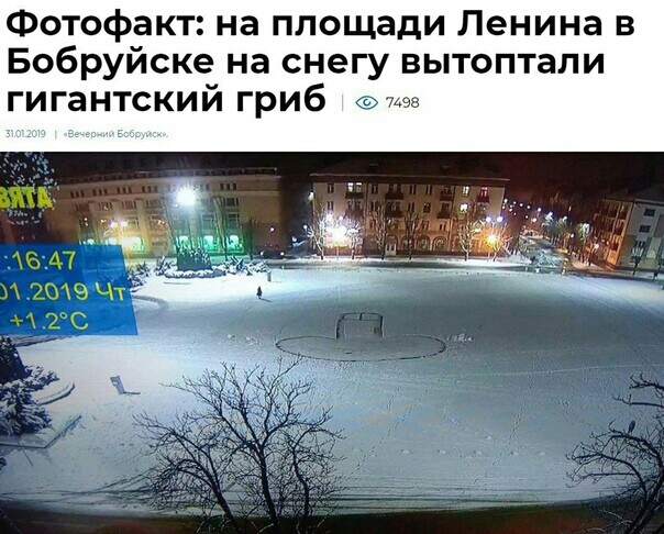 Фотофакт на площади Ленина в Бобруйске на снегу вытоптали гигантский гриб П