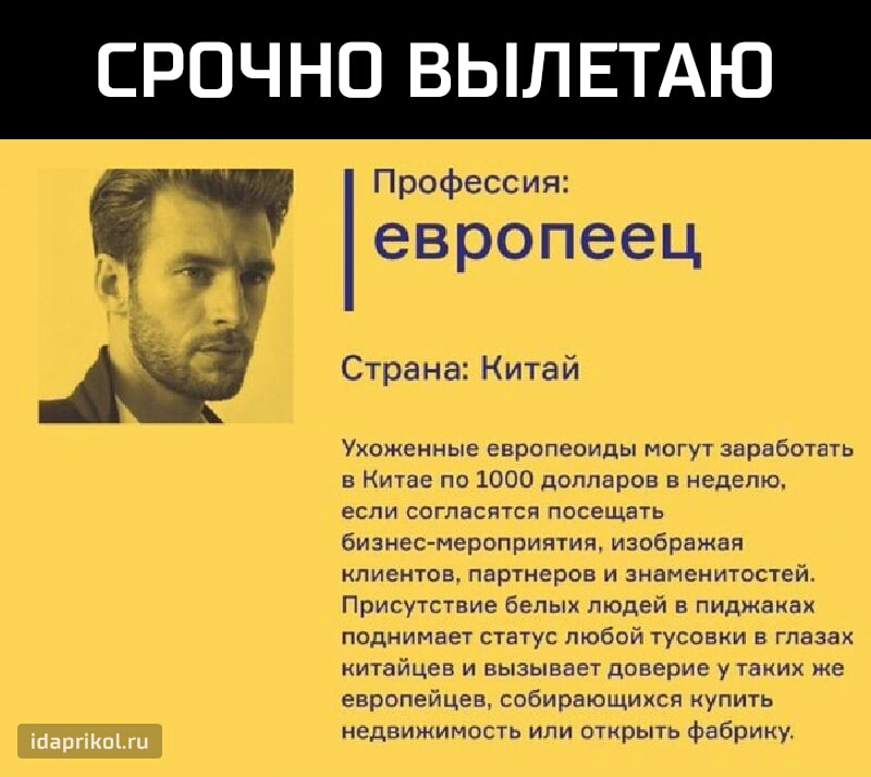 СРОЧНО ВЫЛЕТАЮ Профессия европеец СтранаКитай Ухоженные европеоиды могут заработать в Китае по 1000 долларов в неделю если согласятся посещать бизнес мероприятия изображая клиентов партнеров и знаменитостей Присутствие белых людей в пиджаках поднимает статус любой тусовки глазах китайцев и вызывает доверие у таких же европейцев собирающихся упить недвижимссть или открыть фабрику