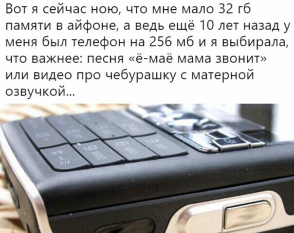 Вот я сейчас ною что мне мало 32 гб памяти в айфоне а ведь ещё 10 лет назад у меня был телефон на 256 мб и я выбирала что важнее песня емаё мама звонит или видео про чебурашку с матерной озвучкой