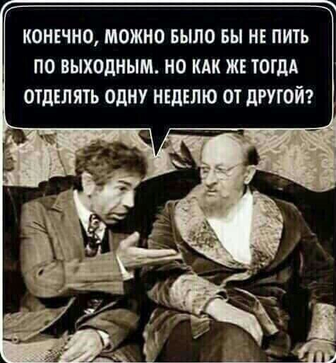 КОНЕЧНО МОЖНО БЫЛО БЫ НЕ ПИТЬ ПО ВЫХОДНЫМ НО КАК ЖЕ ТОГДА ОТДЕЛЯТЬ ОДНУ НЕДЕЛЮ ОТ дРУГОЙ
