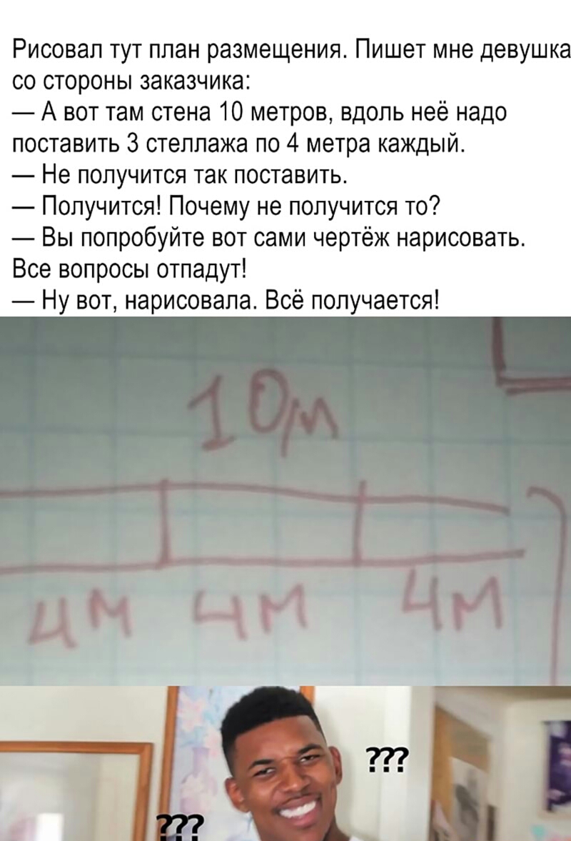 Рисовал тут план размещения Пишет мне девушк со стороны заказчика А вот там стена 10 метров вдоль неё надо поставить 3 стеллажа по 4 метра каждый Не получится так поставить Получится Почему не получится то Вы попробуйте вот сами чертёж нарисовать Все вопросы отпадут Ну вот нарисовала Всё получается