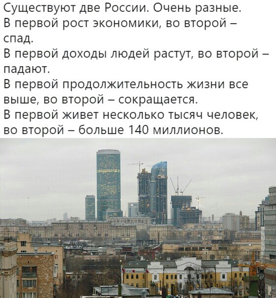 Существуют две России Очень разные В первой рост экономики во второй спад В первой доходы людей растут во второй падают В первой продолжительность жизни все выше во второй сокращается В первой живет несколько тысяч человек во второй больше 140 миллионов