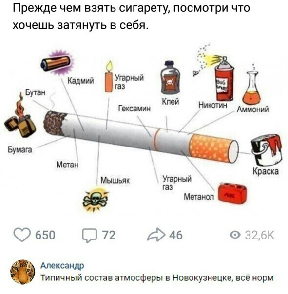 Прежде чем взять сигарету посмотри что хочешь затянуть в себя Бумала С 650 Д 72 д 46 326К Александр Типичный состав атмосферы в Новокузнецке все норм
