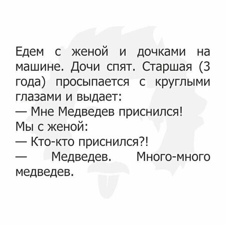 Едем женой и дочками на машине Дочи спят Старшая 3 года просыпается с круглыми глазами и выдает Мне Медведев приснился Мы сженой Кто кто приснился Медведев Много много медведев