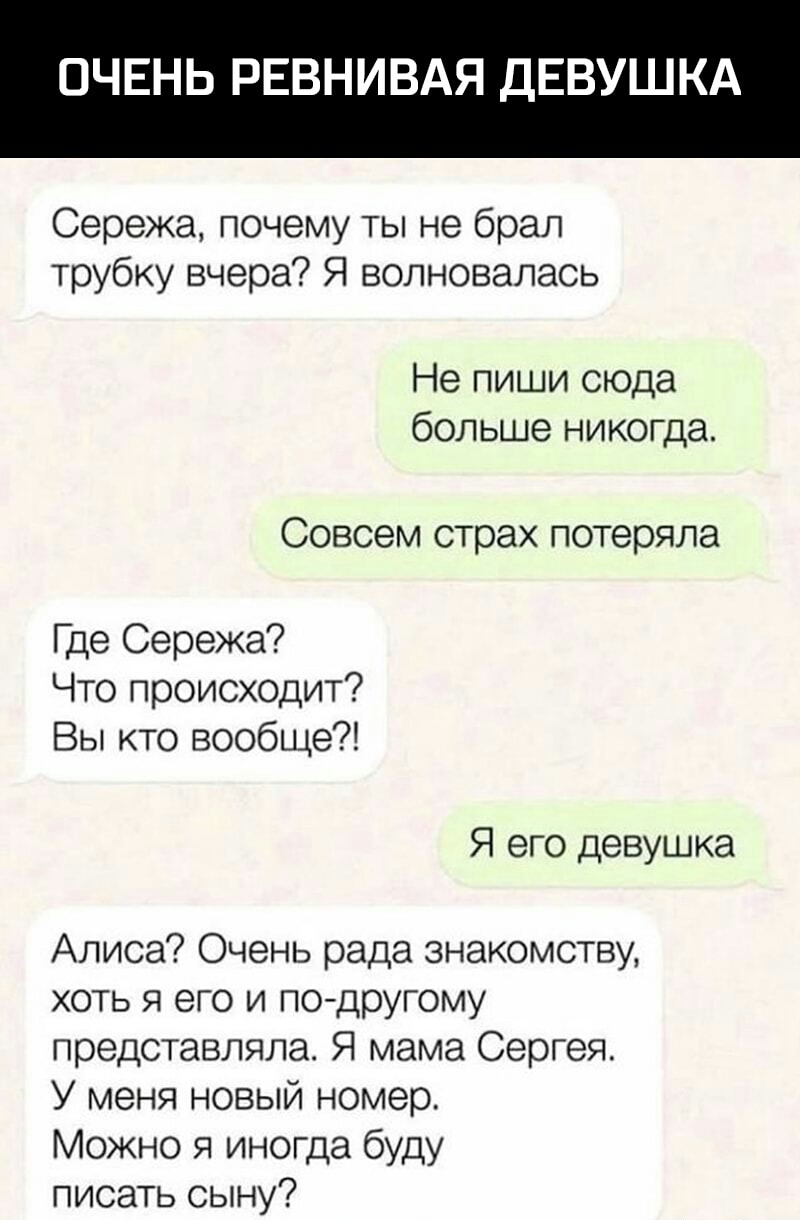 ОЧЕНЬ РЕВНИВАЯ ДЕВУШКА Сережа почему ты не брал трубку вчера Я волновалась  Не пиши сюда больше никогда Совсем страх потеряла Где Сережа Что происходит  Вы кто вообще Я его девушка Алиса Очень