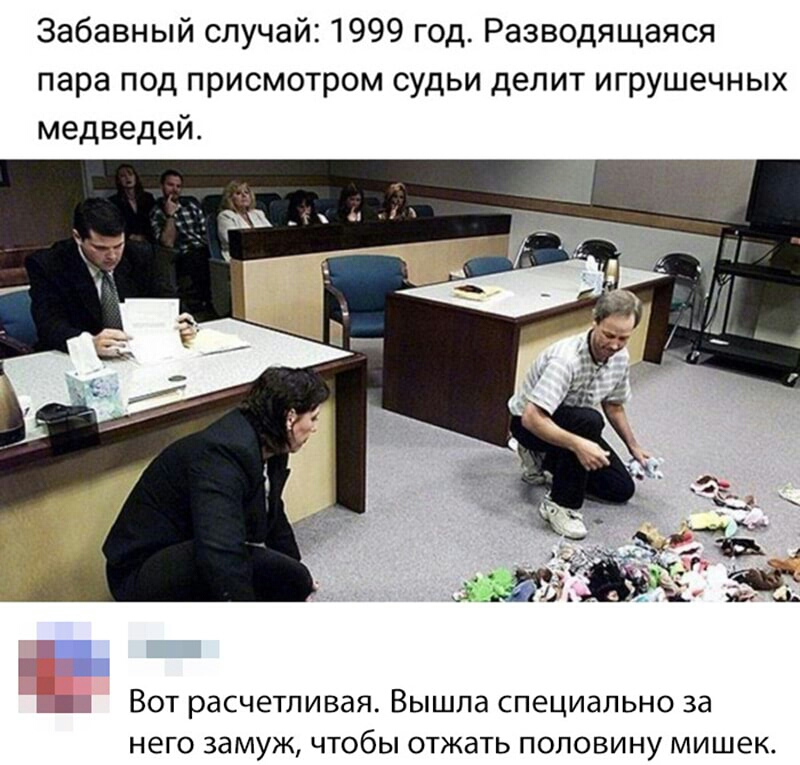 Забавный случай 1999 год Разводящаяся пара под присмотром судьи делит игрушечных медведей _ Вот расчетливая Вышла специально за него замуж чтобы отжать половину мишек