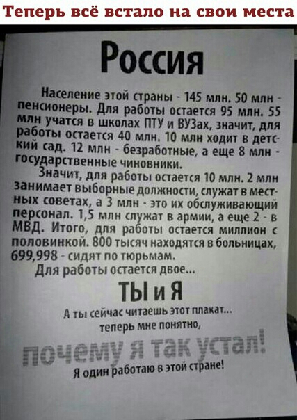 Теперь всё встало на свои места Россия еще ті праны 145 млн 50 или меры для работ апаекя 95 мин 55 учат в школах пту и ВУЗах дна т для ты оставил 40 или 10 или ходит в лет й сад 12 млн барабанные а еще 8 или УЁИРПВЕИИЫЕ чиновники оиап 15 млн п жа в армии а еще 1 в М д того для ра мы штаны миппипи половинкам 800 то находят больница 699998 идит по тюрьмам для работы астаепя двое ТЫиЯ А ы ейчвк чичае