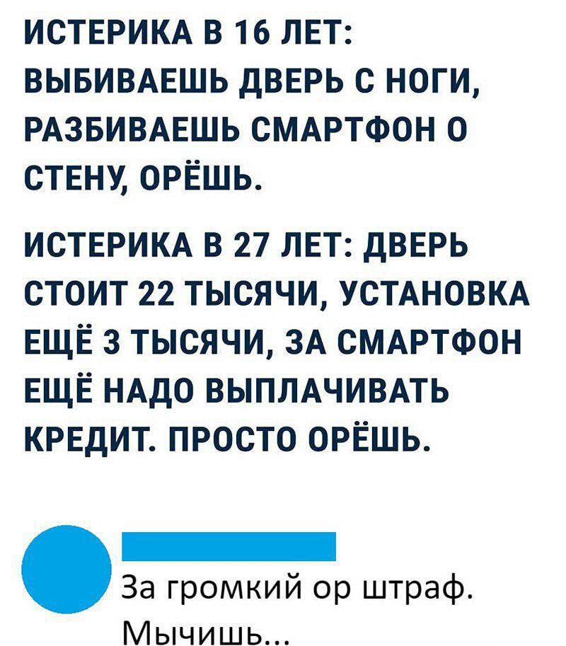 ИСТЕРИКА В 16 ЛЕТ ВЫБИВАЕШЬ ДВЕРЬ С НОГИ РАЗБИВАЕШЬ СМАРТФОН 0 СТЕНУ ОРЁШЬ ИСТЕРИКА в 27 лет двврь стоит 22 тысячи УСТАНОВКА ЕЩЁ 3 тысячи ЗА СМАРТФОН ЕЩЁ НАДО ВЫПЛАЧИВАТЬ кредит просто ОРЁШЬ _ За громкий ор штраф ычишь