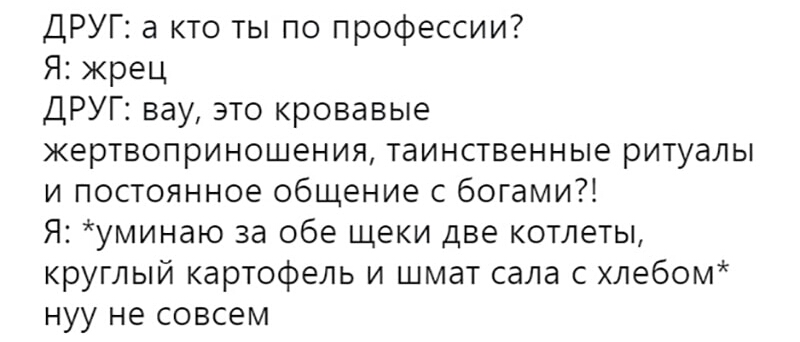ДРУГ а кто ты по профессии Я жрец ДРУГ вау это кровавые жертвоприношения таинственные ритуалы и постоянное общение с богами Я уминаю за обе щеки две котлеты круглый картофель и шмат сала с хлебом нуу не совсем