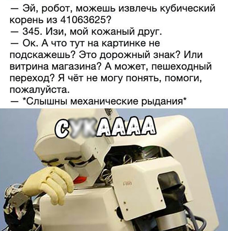 Эй робот можешь извлечь кубический корень из 41063625 345 Изи мой кожаный друг Ок А что тут на картинке не подскажешь Это дорожный знак Или витрина магазина А может пешеходный переход Я чёт не могу понять помоги пожалуйста Слышны механические рыдания АААА