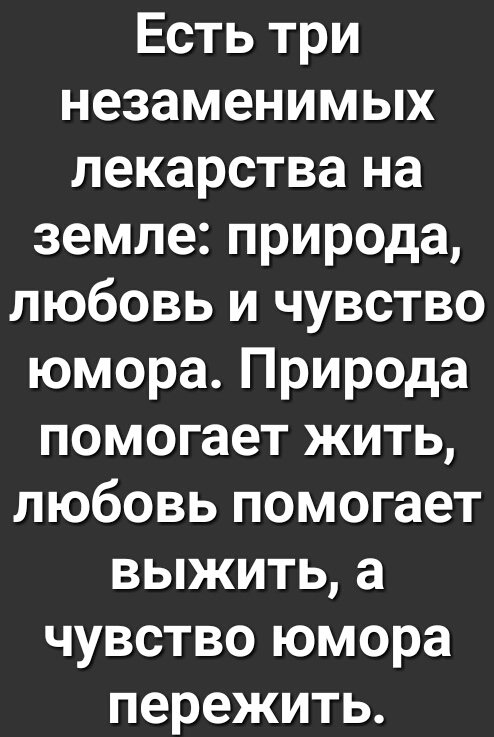 Есть три незаменимых лекарства на земле природа любовь и чувство юмора Природа помогает жить любовь помогает выжить а чувство юмора пережить