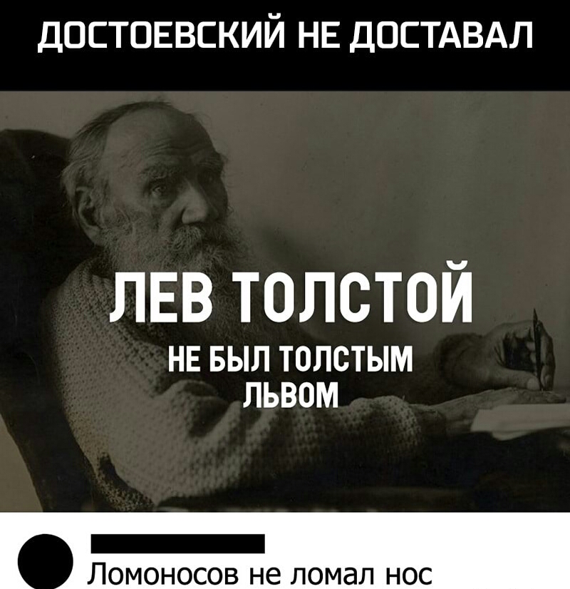 ДОСТОЕВСКИЙ НЕ ДОСТАВАЛ ЛЕВ ТОЛСТОЙ НЕ БЫЛ ТОЛСТЫМ ЛЬВОМ _ ЛОМОНОСОВ не ЛОМдЛ НОС