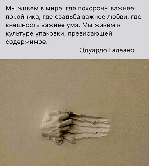 Мы ЖИВЕМ В мире где похороны важнее покойника где свадьба важнее любви где внешность важнее ума Мы живем в культуре упаковки презирающей содержимое Эдуардо Галеа