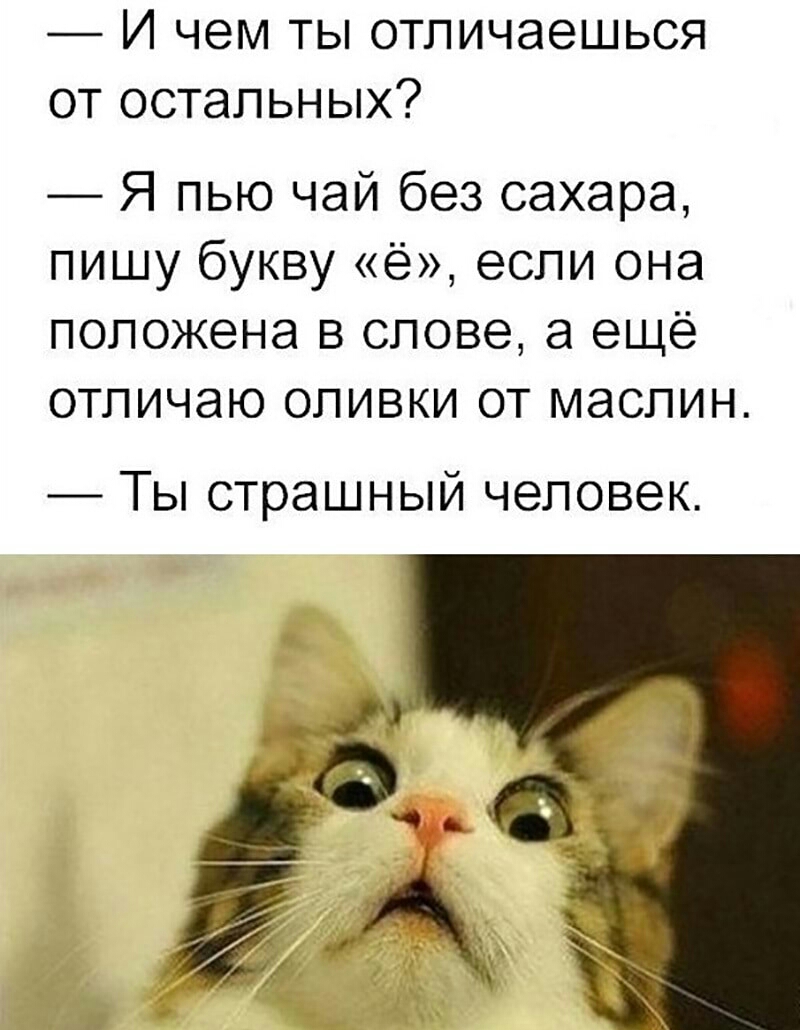 И чем ты отпичаешься от остальных Я пью чай без сахара пишу букву ё если она положена в слове а ещё отличаю оливки от маслин Ты страшный человек