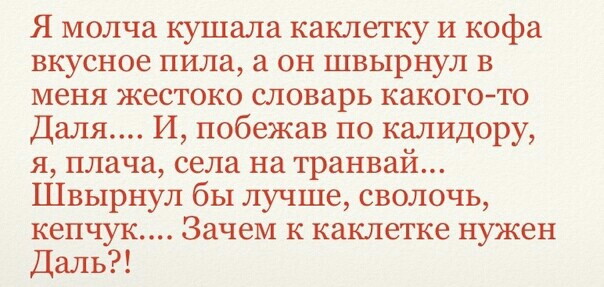 Я молча кушала каклетку и кофа вкусное пила а он швырнул в меня жестоко словарь какогото Даля И побежав по калидору я плача села на транвай Швырнул бы лучше сволочь кепчук Зачем к каютетке нужен Даль