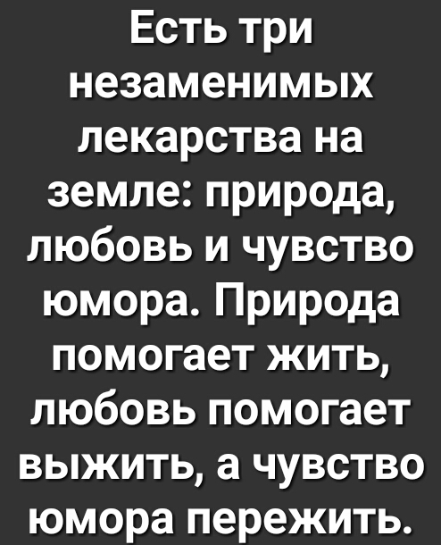 Есть три незаменимых лекарства на земле природа любовь и чувство юмора Природа помогает жить любовь помогает выжить а чувство юмора пережить