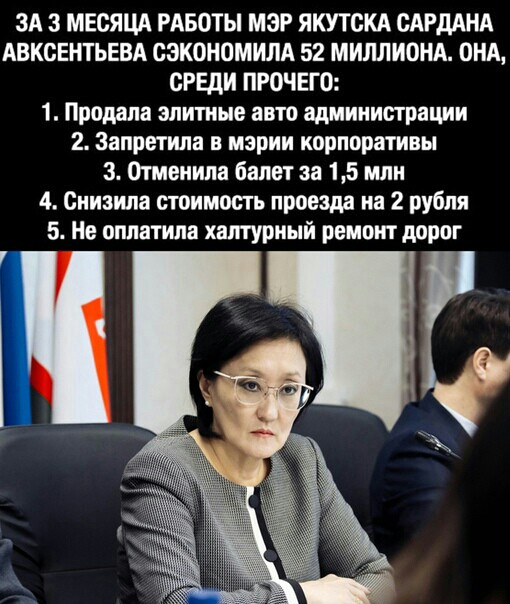 ЗА 3 МЕСЯЦА РАБОТЫ мэг ЯКУТСКА САРдАНА АВКОЕНТЬЕВА СЭКОНОМИЛА 52 МИЛЛИОНА ОНА СРЕДИ ПРОЧЕГО 1 Пропала элитные авто администрации 2 Запретила мэрии корпоративы 3 Отменипа балет за 15 млн 4 Сннзнла стоимость проезда на 2 рубля 5 Не оплатила халтурный ремонт дорог