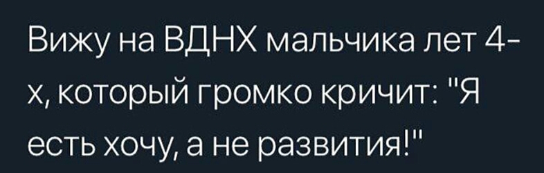 Вижу на ВДНХ мальчика лет 4 х который громко кричит Я есть хочу а не развития