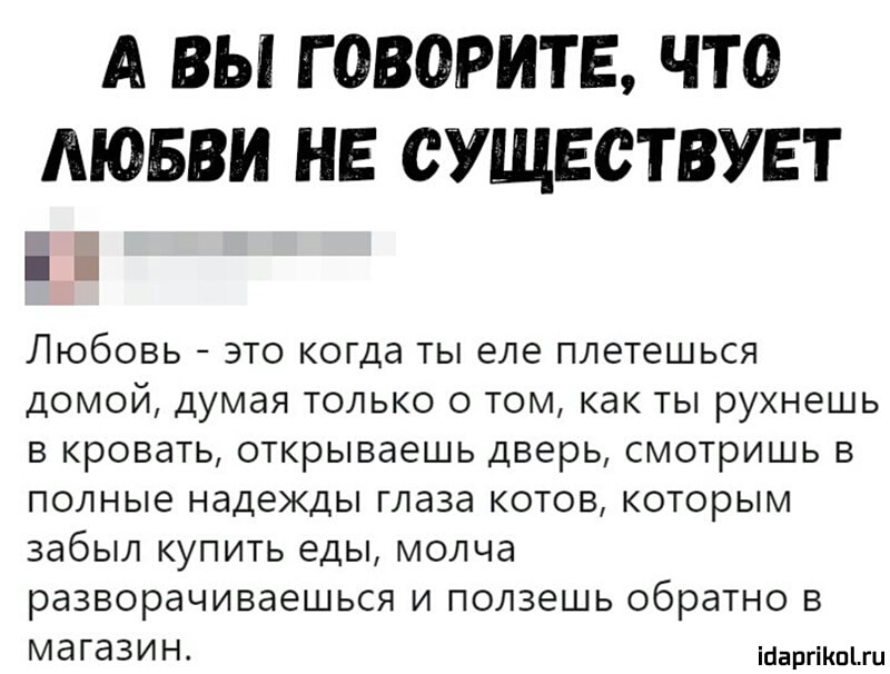 А ВЫ Г ОВОРИТБ ЧТО ЛЮБВИ НЕ СУЩЕСТВУЕТ Ё і ЛЮБОВЬ ЭТО когда ТЫ еле ПЛЗТЕШЬСЯ ДОМОЙ ДУМдЯ ТОЛЬКО О ТОМ как ТЫ РУХНЕШЬ В КРОВЭТЬ ОТКРЫВЭЭШЬ дверь СМОТРИШЬ В ПОЛНЫЕ надежды ГЛдЗд КОТОВ КОТОРЫМ забыл КУПИТЬ ЕДЫ МОЛЧд разворачиваешься И ПОЛЗЭШЬ обратно В МЭГЭЗИН ісіаргіКпіш