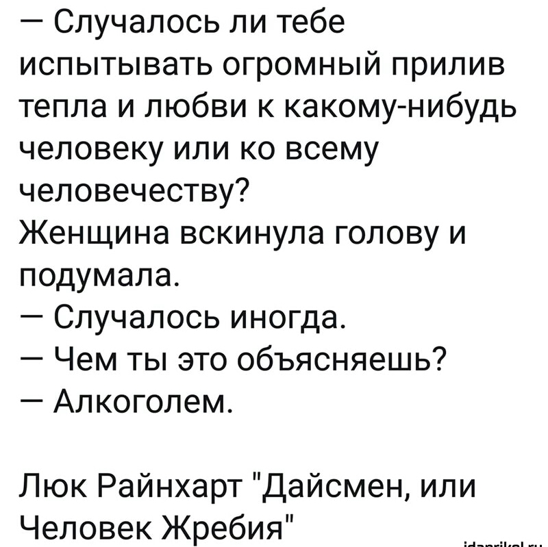 Случалось ли тебе испытывать огромный прилив тепла и любви к какому нибудь человеку или ко всему человечеству Женщина вскинула голову и подумала Случалось иногда Чем ты это объясняешь Алкоголем Люк Райнхарт Дайсмен или Человек Жребия д___