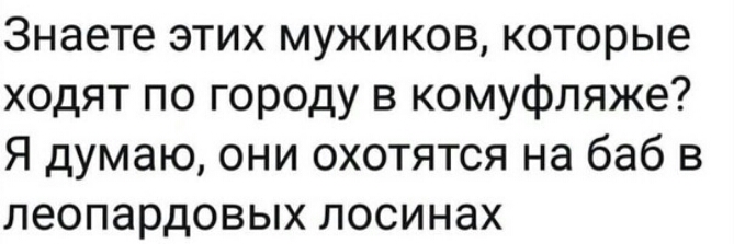 Знаете этих мужиков которые ходят по городу в комуфляже Я думаю они охотятся на баб в леопардовых лосинах