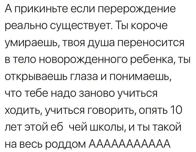 А прикиньте если перерождение реально существует Ты короче умираешь твоя душа переносится в тело новорожденного ребенка ты открываешь глаза и понимаешь что тебе надо заново учиться ходить учиться говорить опять 10 лет этой еб чей школы и ты такой на весь роддом ААААААААААА