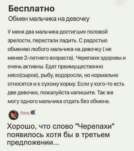 Бесплатно Обмен мальчика на девочку У меня два мальчика достигших половой зрелости перестали ладить С радостью обменяю любого мальчика на девочку не менее 2 летнего возраста Черепахи здоровы и очень активны Едят преимущественно мясосырое рыбу водоросли но нормально относятся и к сухому корму Если у когото есть две девочки пожалуйста напишите Так же могу одного мальчика отдать без обмена Ипа Хорошо