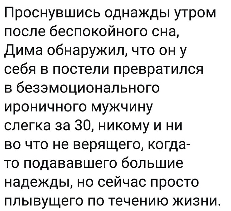 Проснувшись однажды утром после беспокойного сна Дима обнаружил что он у себя в постели превратился в безэмоционального ироничного мужчину слегка за 30 никому и ни во что не верящего когда то подававшего большие надежды но сейчас просто плывущего по течению жизни