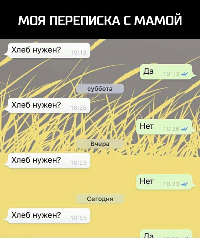 МОЯ ПЕРЕПИСКА С МАМОЙ Хлеб нужен Хлеб нужен Хлеб нужен Хлеб нужен суббота Сегодня Нет Па