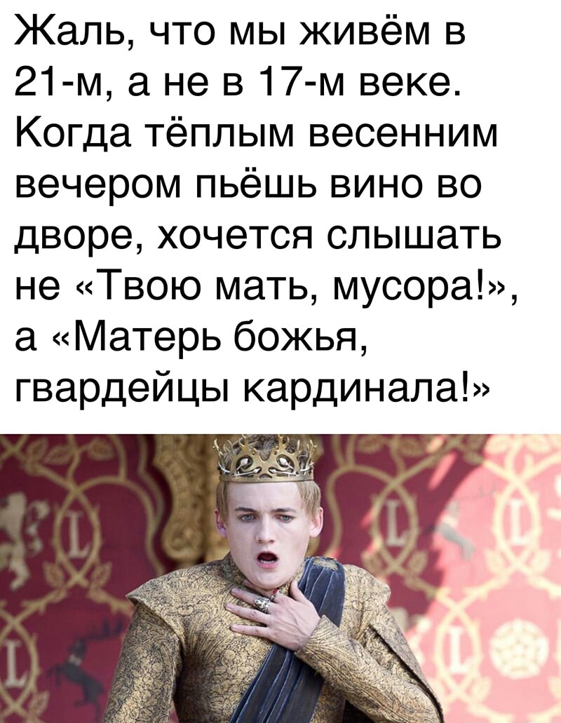 Жаль что мы живём в 21 м а не в17 м веке Когда тёплым весенним вечером пьёшь вино во дворе хочется слышать не Твою мать мусора а Матерь божья гвардейцы кардинала