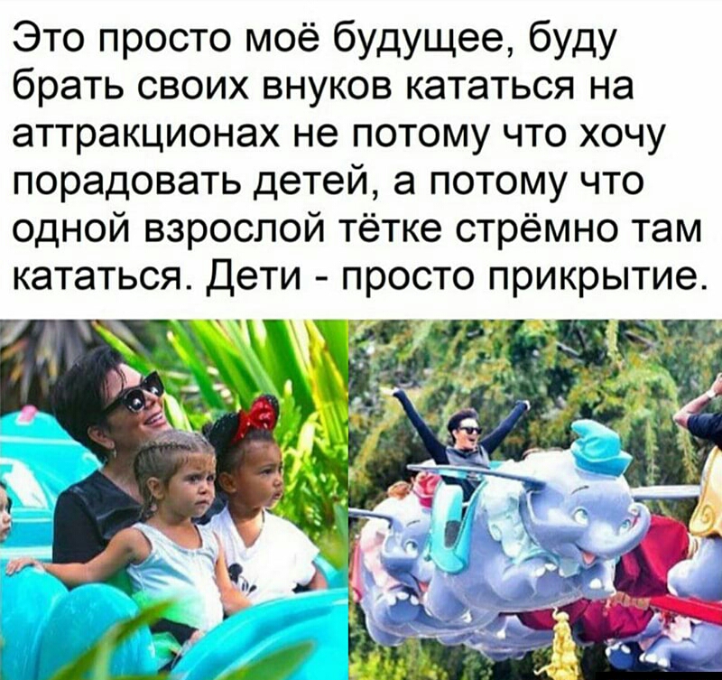 Это просто моё будущее буду брать своих внуков кататься на аттракционах не потому что хочу порадовать детей а потому что одной взрослой тётке стрёмно там кататься Дети просто прикрытие