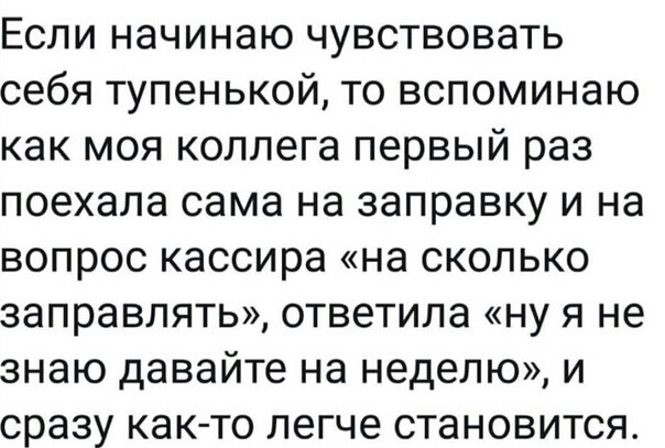 Если начинаю чувствовать себя тупенькой то вспоминаю как моя коллега первый раз поехала сама на заправку и на вопрос кассира на сколько заправлять ответила ну я не знаю давайте на неделю и сразу как то легче становится