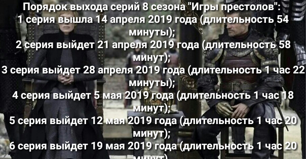 Порйіокаыхода серий в сеаона И пЬестопов 1 серйя типа 14 апреля 2019 года теЯьзюсть 54 д _ мшты дт 2серия выйдет 21 апрЁНп 281года длительность 58 МИН 3 серия выйдет 28 апреля 2019 грда длительность 1 час 22 5 минуты 4 серия выйдетЁ 095Ъд8 дли льность 1 час 8 ииут ъдь 5 серия выйдет 12 2019 года Шлитепьность 1 чё ИНП 56 серия выйдет 19 мая 2Ё1_9г_ода1митегъьс1 1 ча