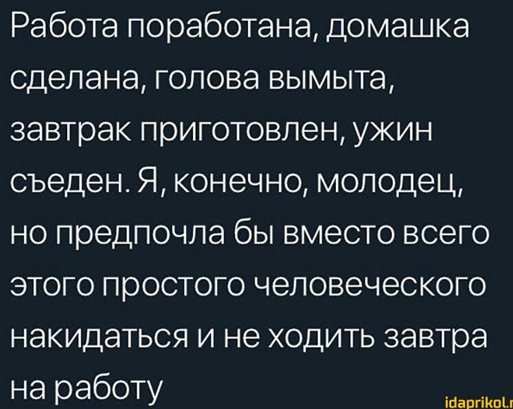 Работа поработана домашка сделана голова вымыта завтрак приготовлен ужин съеден Я конечно молодец но предпочла бы вместо всего этого простого человеческого накидаться и не ходить завтра на работу ібапгіКпЫ