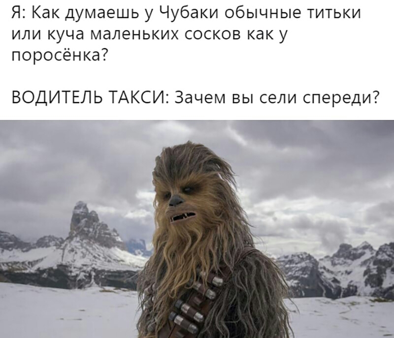 Я Как думаешь у Чубаки обычные титьки или куча маленьких сосков как у поросёнка ВОДИТЕЛЬ ТАКСИ Зачем вы сели спереди