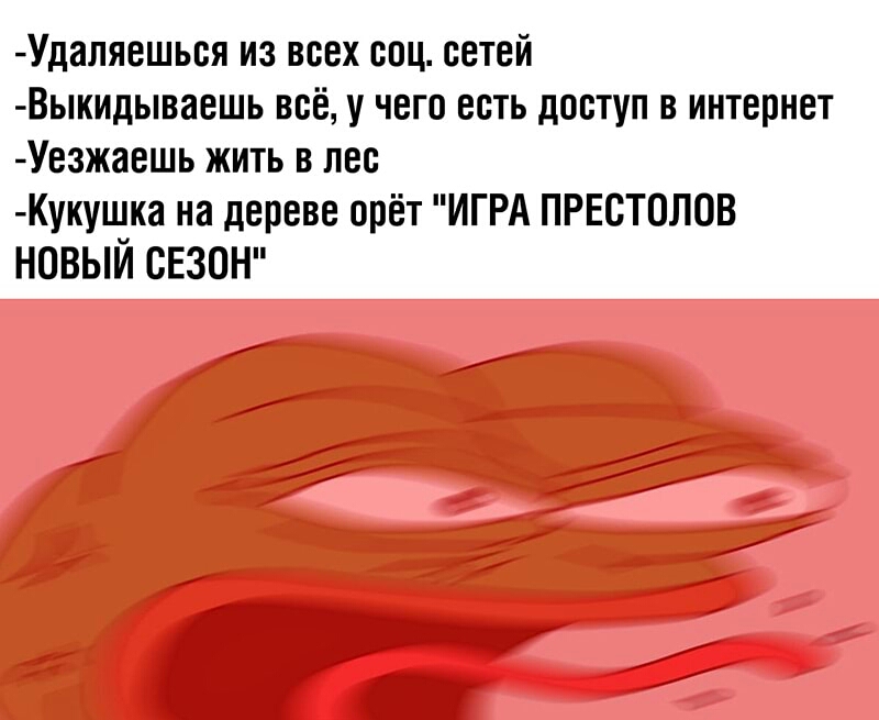 Удаляешься из всех соц сетей Выкилываешь всё у чего есть доступ в интернет Уезжаешь жить в лес Кукушка на дереве орёт ИГРА ПРЕСТОЛОВ НОВЫЙ СЕЗОН