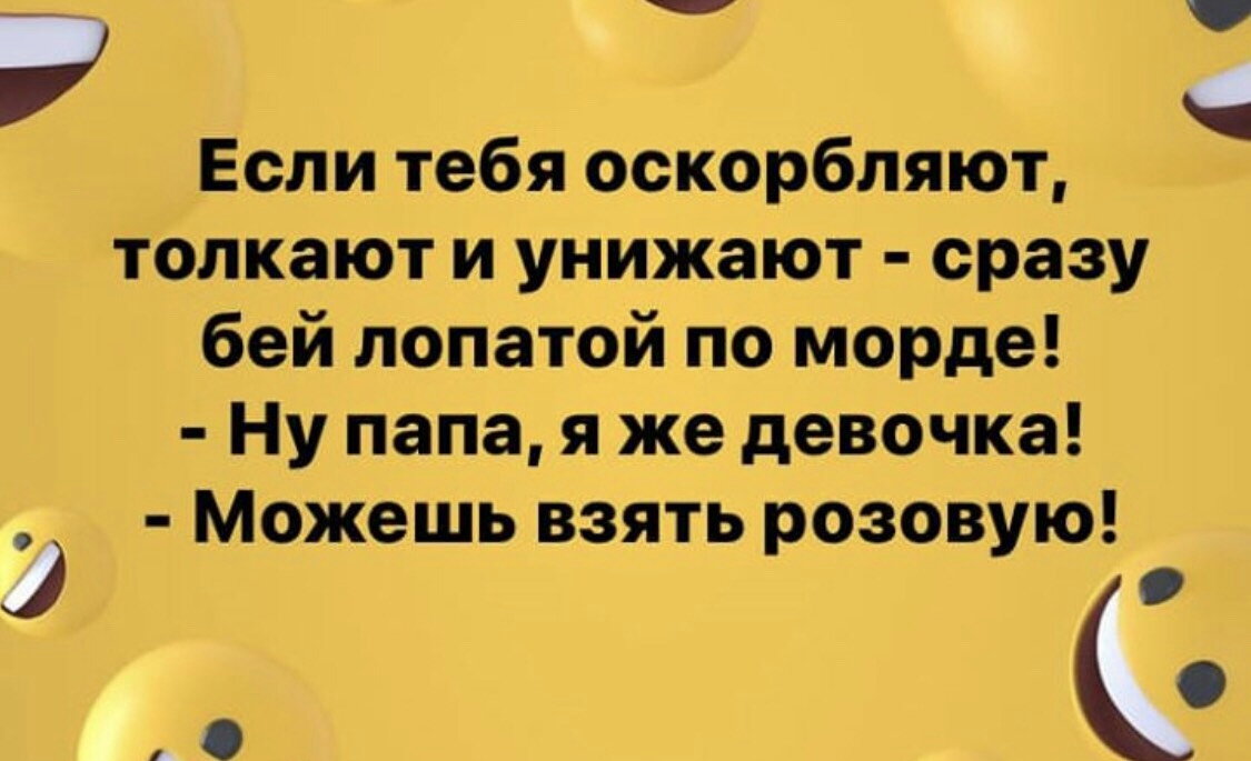 7 і _ Если тебя оскорбляют толкают и унижают сразу бей лопатой по морде Ну папа я же девочка Можешь взять розовую С