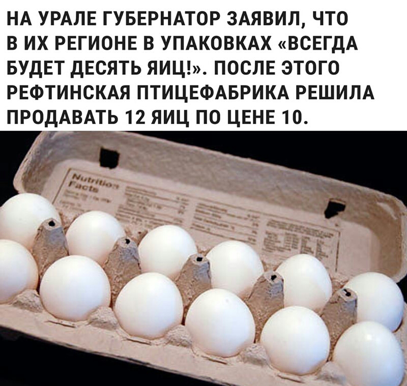 НА УРАЛЕ ГУБЕРНАТОР 3АЯВИЛ ЧТО В ИХ РЕГИОНЕ В УПАКОВКАХ ВСЕГДА БУДЕТ ДЕСЯТЬ ЯИЦ ПОСЛЕ ЭТОГО РЕФТИНСКАЯ ПТИЦЕФАБРИКА РЕШИЛА ПРОДАВАТЬ 12 ЯИЦ ПО ЦЕНЕ 10 Г Ггі