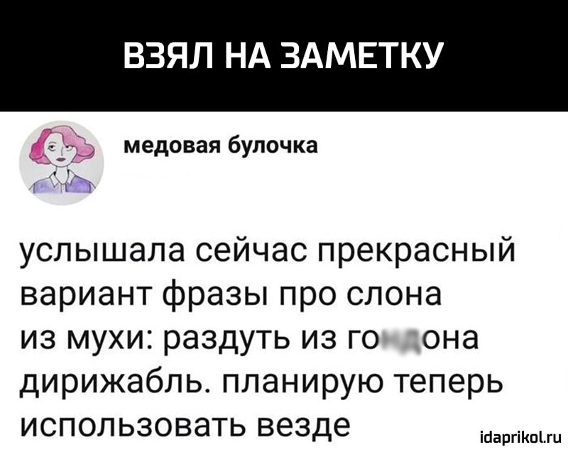 ВЗЯЛ НА ЗАМЕТКУ медовая булочка услышала сейчас прекрасный вариант фразы про слона из мухи раздуть из го она дирижабль планирую теперь использовать везде ісіаргіішіш