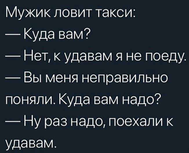 Мужик ловит такси Куда вам Нет к удавам я не поеду Вы меня неправильно поняли Куда вам надо Ну раз надо поехали к удавам
