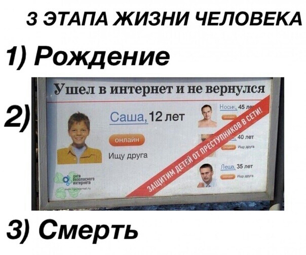 3 ЭТАПА ЖИЗНИ ЧЕЛОВЕКА 1 Рождение шелвттрнетинегевтчя 2 Саша12лет Ё 3 Смерть