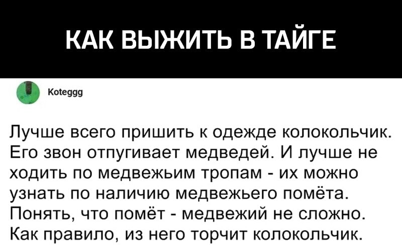 КАК ВЫЖИТЬ В ТАЙГЕ Ко1е999 Лучше всего пришить к одежде колокольчик Его звон отпугивает медведей И лучше не ходить по медвежьим тропам их можно узнать по наличию медвежьего помёта Понять что помёт медвежий не сложно Как правило из него торчит колокольчик