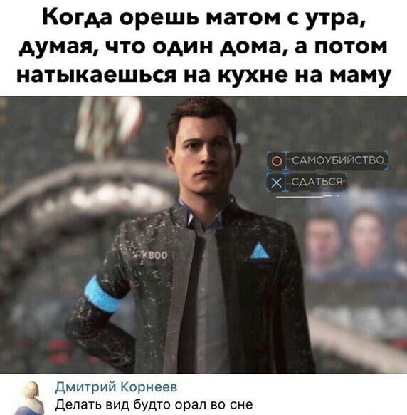 Когда орешь матом утра думая что один дома а потом натыкаешься на кухне на маму Дмитрий Корнеев _ делать вид будто орап во сне