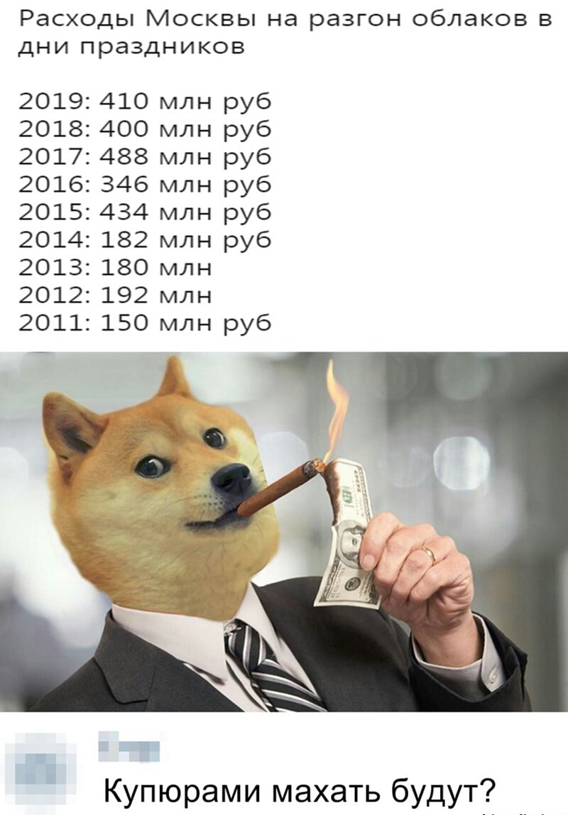 Расходы Москвы на разгон облаков в дни праздников 2019 410 млн руб 2018 400 млн руб 2017 488 млн руб 2016 346 млн руб 2015 434 млн руб 2014 182 млн руб 2013 180 млн 2012 192 млн 2011 150 млн руб Купюрами махать будут 7
