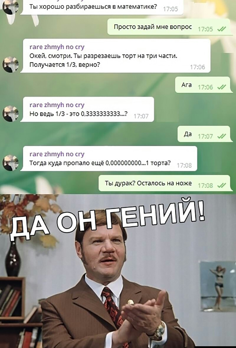 Ты хорошо разбираешься в математике Просто задай мне вопрос гаге Штуп по сгу Окей смотри Ты разрезаешь торт на три части Получается 13 верно АГВ гаге ШтуЬ по гу Но ведь 13 это 03333333333 мн д гаге Штуіч по гу